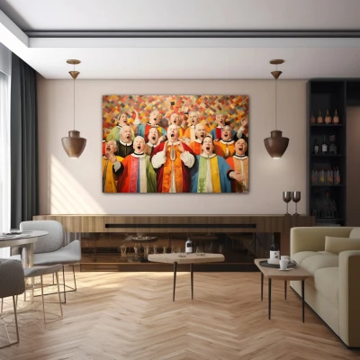 Wall Art titled: Electric Ecumenical Vibration in a  format with: Brown, Orange, and Vivid Colors; Decoration the Bar wall