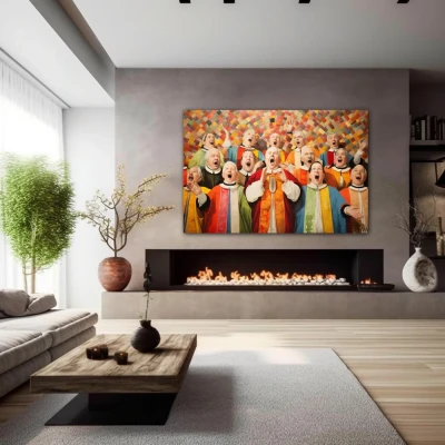 Wall Art titled: Electric Ecumenical Vibration in a  format with: Brown, Orange, and Vivid Colors; Decoration the Fireplace wall