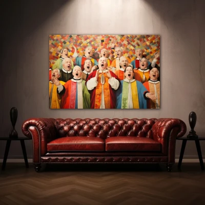 Wall Art titled: Electric Ecumenical Vibration in a  format with: Brown, Orange, and Vivid Colors; Decoration the Above Couch wall