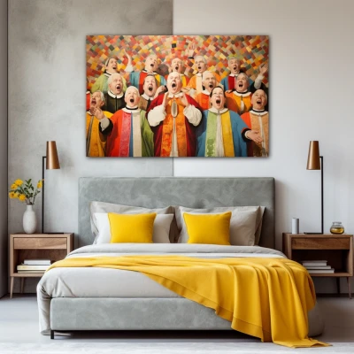 Wall Art titled: Electric Ecumenical Vibration in a  format with: Brown, Orange, and Vivid Colors; Decoration the Bedroom wall