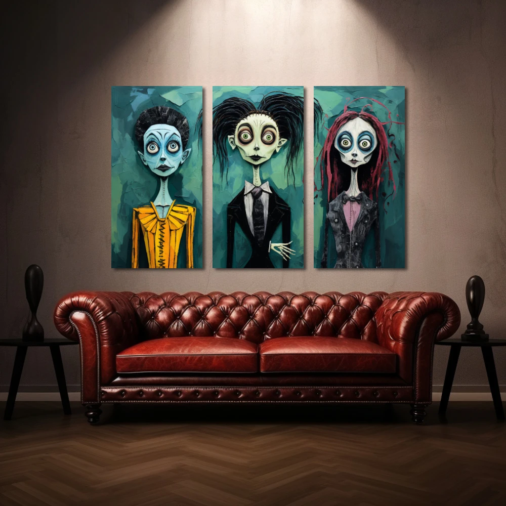 Wall Art titled: The Gallery of Eccentricity in a Horizontal format with: Yellow, Black, and Green Colors; Decoration the Above Couch wall