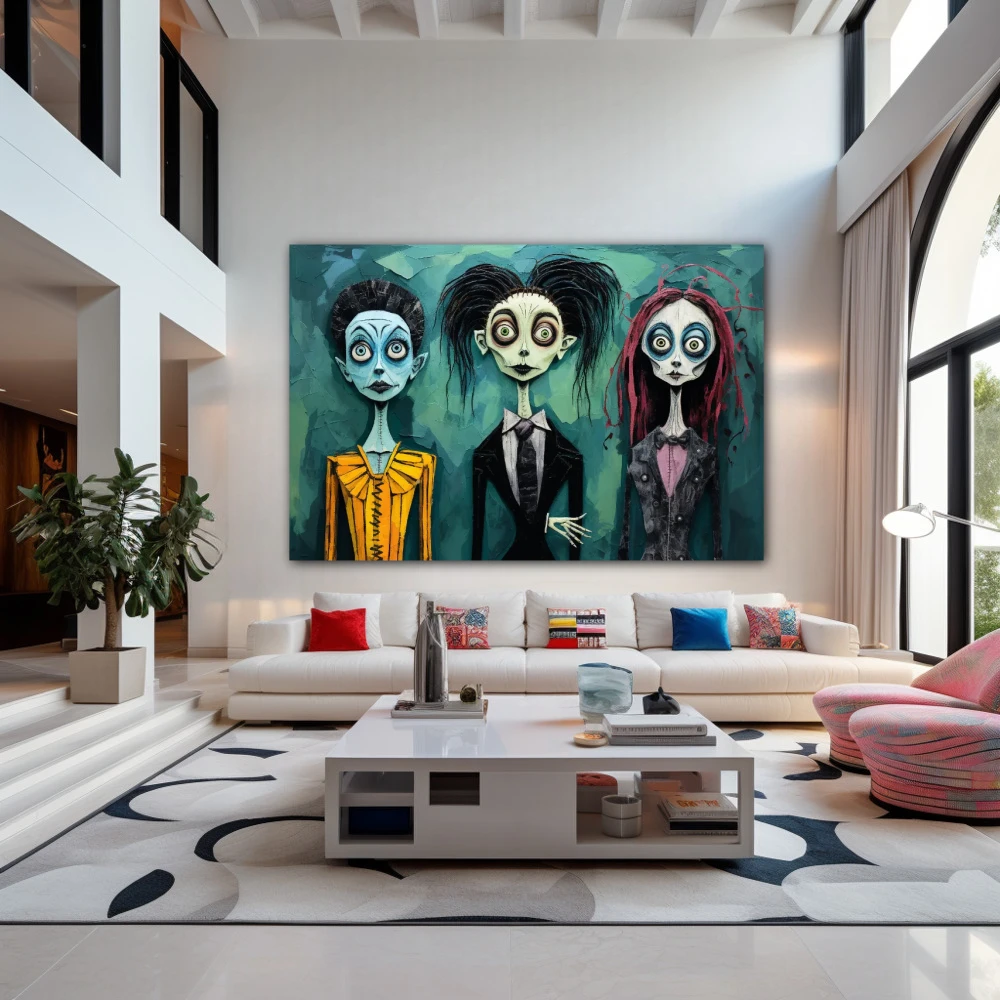 Wall Art titled: The Gallery of Eccentricity in a Horizontal format with: Yellow, Black, and Green Colors; Decoration the Living Room wall
