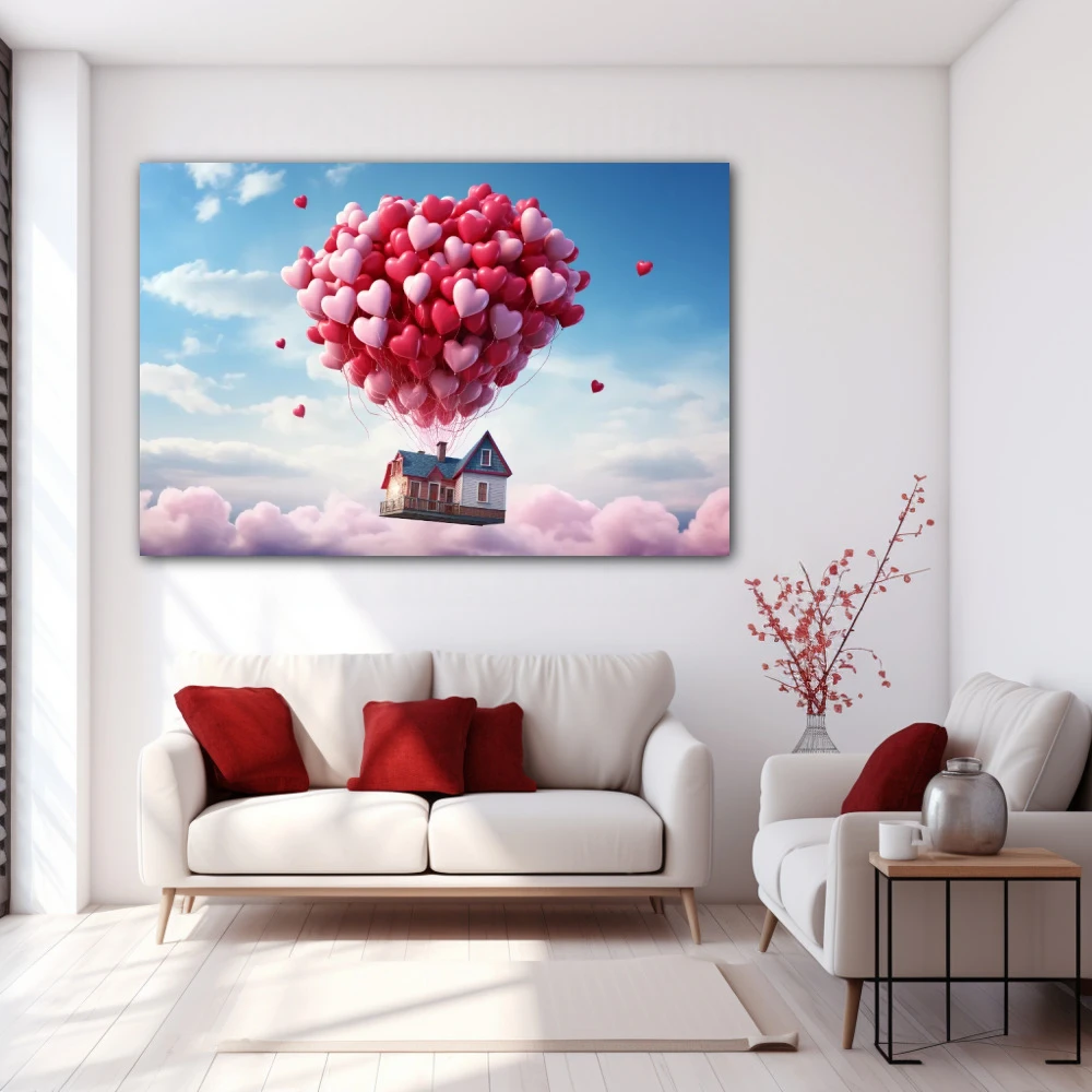 Cuadro latidos aéreos en formato horizontal con colores azul, rojo, rosa; decorando pared blanca
