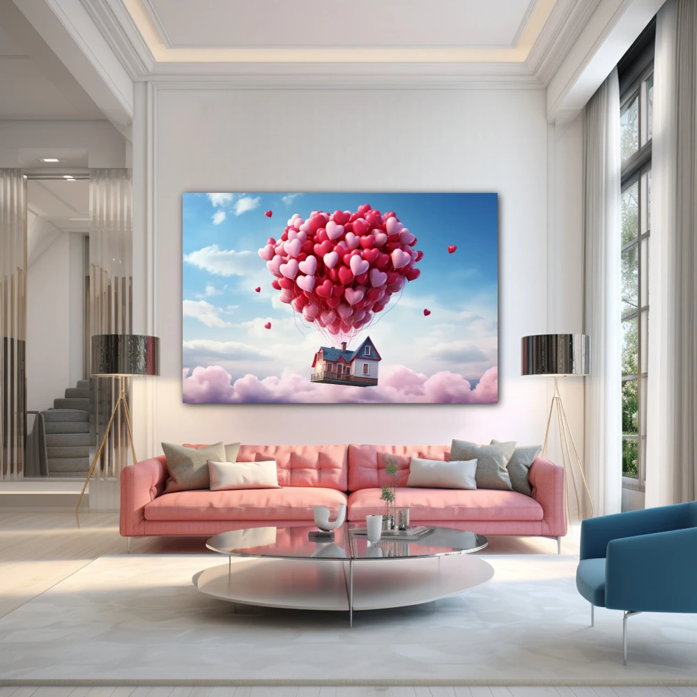 Cuadro latidos aéreos en formato horizontal con colores azul, rojo, rosa; decorando pared de encima del sofá