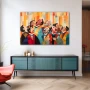 Wall Art titled: Fragments of Collective Euphoria in a Horizontal format with: Sky blue, and Orange Colors; Decoration the Sideboard wall