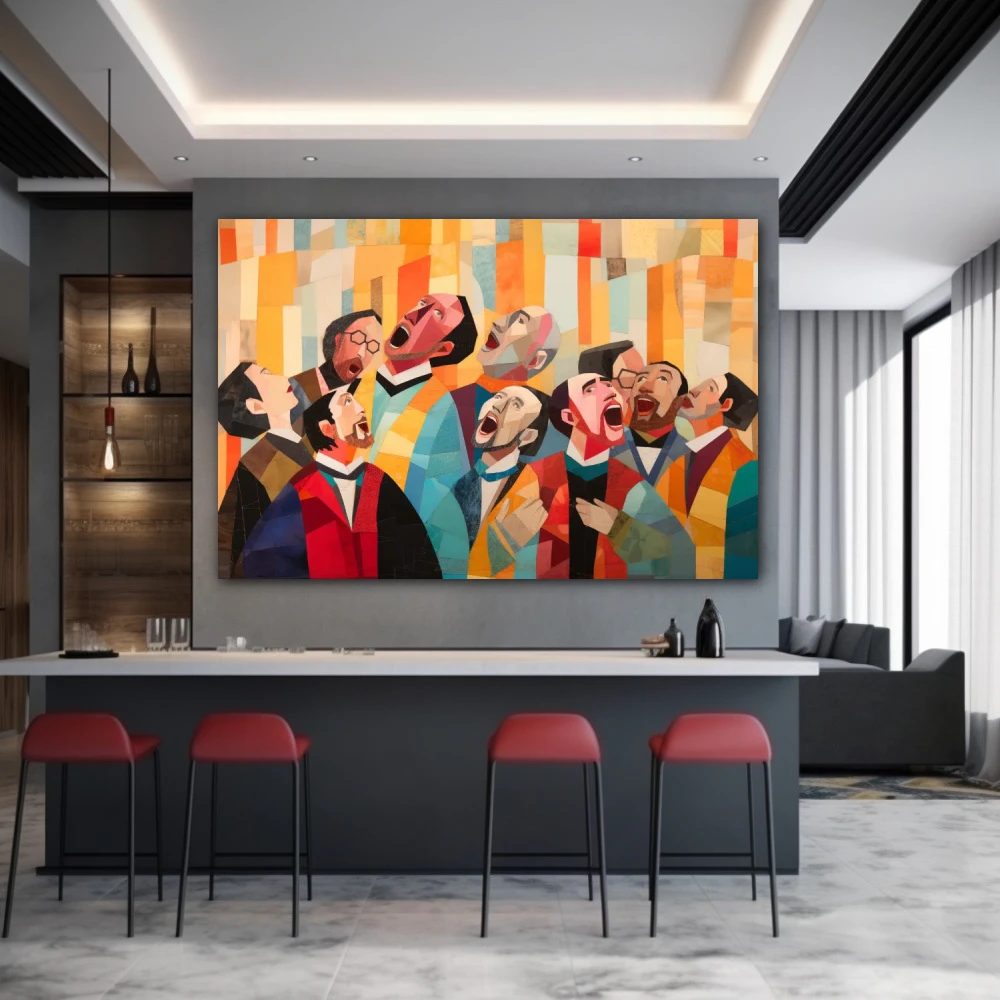 Wall Art titled: Fragments of Collective Euphoria in a Horizontal format with: Sky blue, and Orange Colors; Decoration the Bar wall