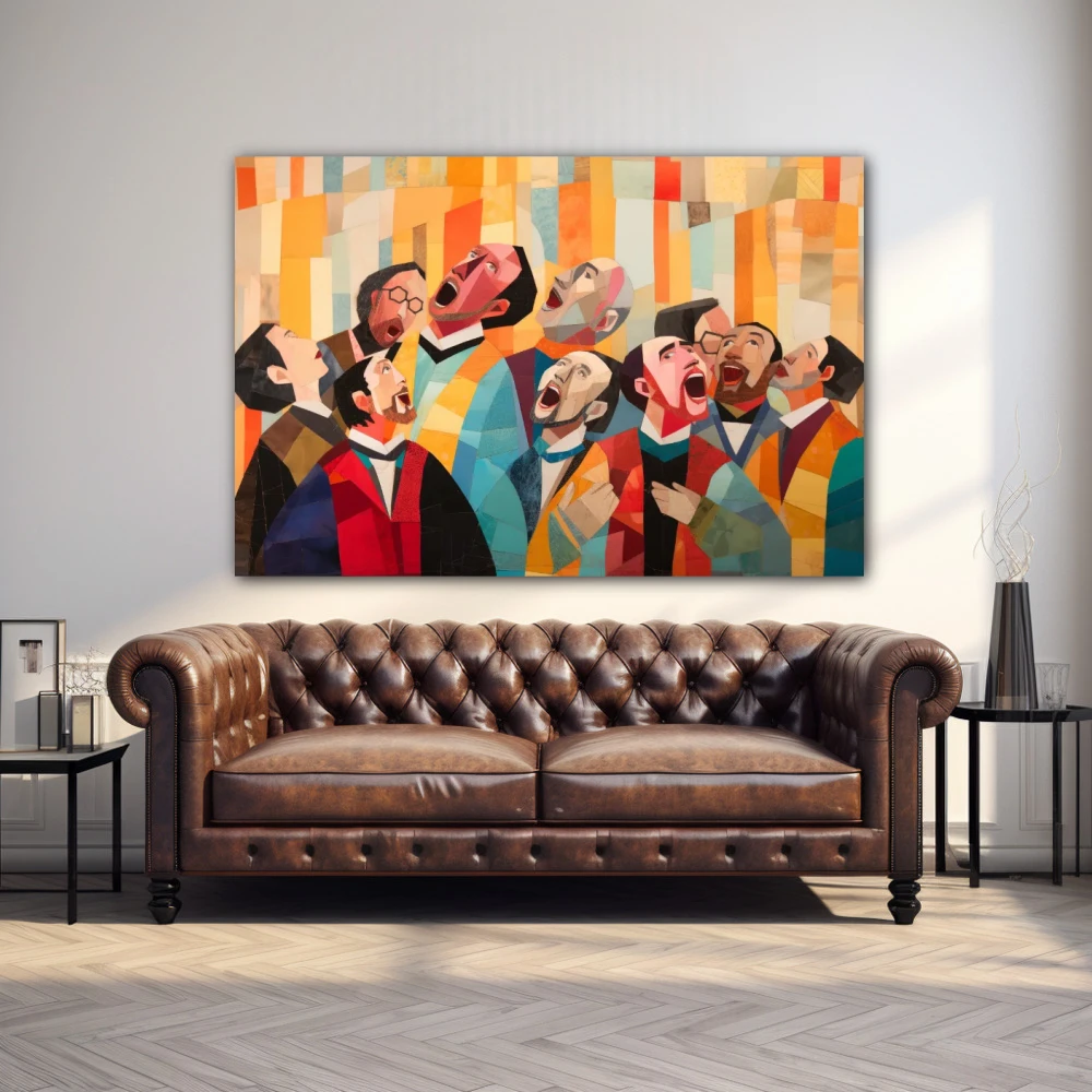 Cuadro fragmentos de euforia colectiva en formato horizontal con colores celeste, naranja; decorando pared de encima del sofá