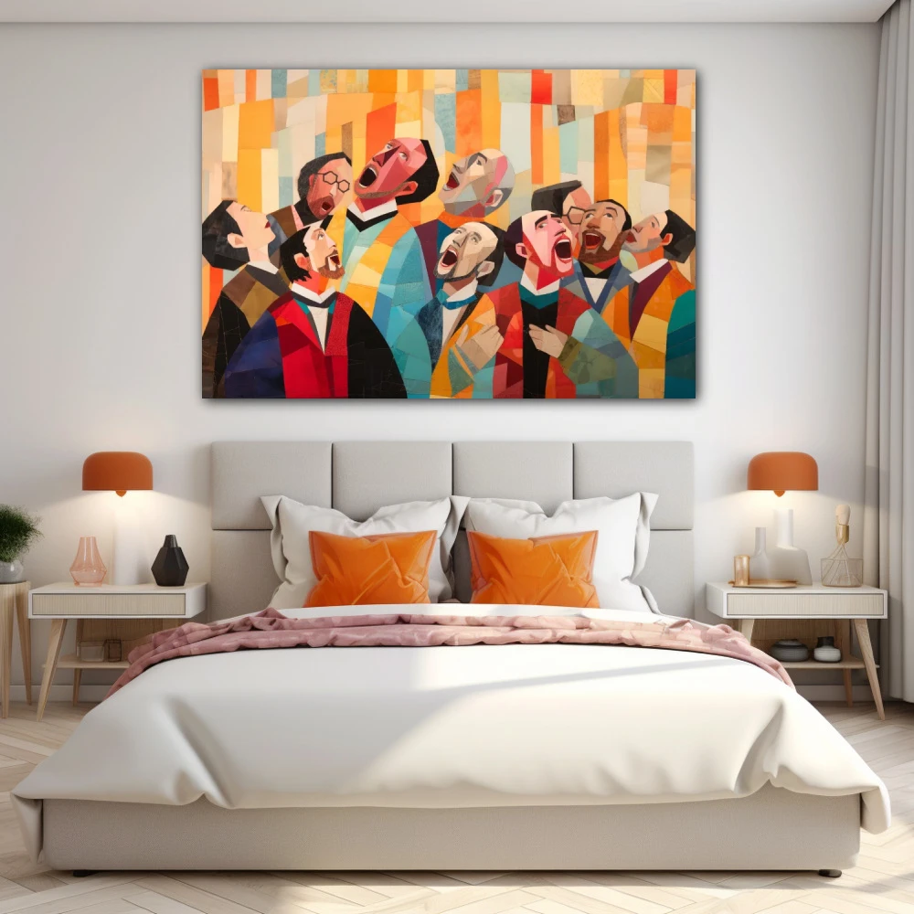 Wall Art titled: Fragments of Collective Euphoria in a Horizontal format with: Sky blue, and Orange Colors; Decoration the Bedroom wall