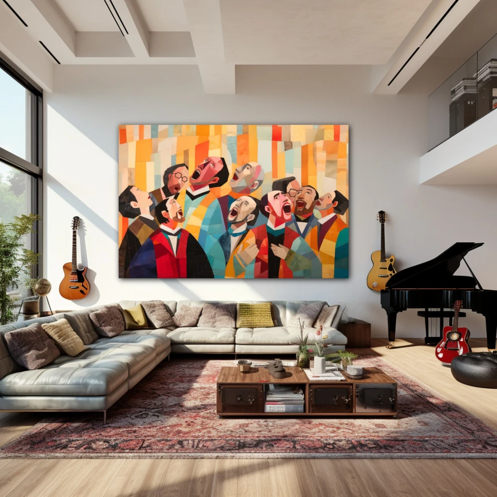 Wall Art titled: Fragments of Collective Euphoria in a Horizontal format with: Sky blue, and Orange Colors; Decoration the Living Room wall