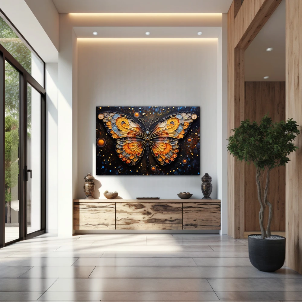 Cuadro metamorfosis astral en formato horizontal con colores azul, naranja, negro; decorando pared de entrada y recibidor