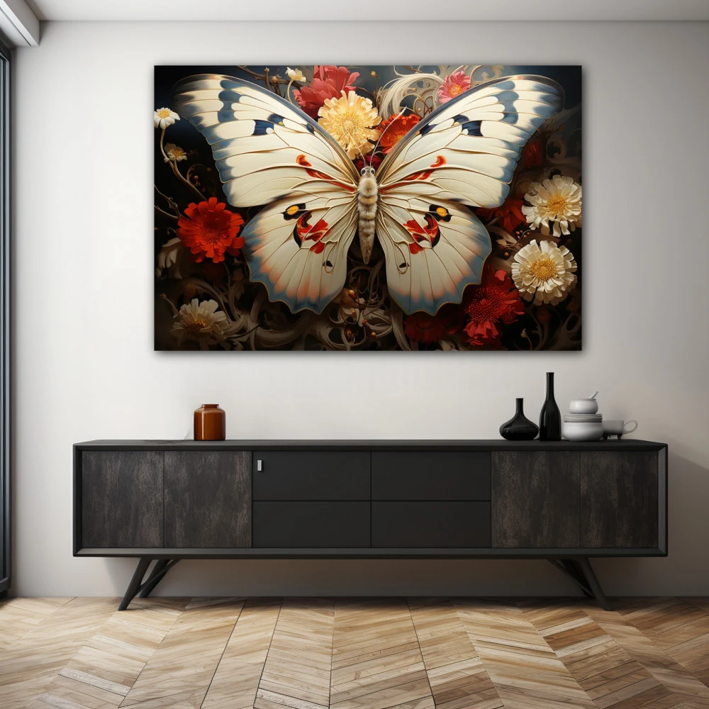 Wall Art titled: Albino Metamorphosis in a Horizontal format with: white, and Red Colors; Decoration the Sideboard wall