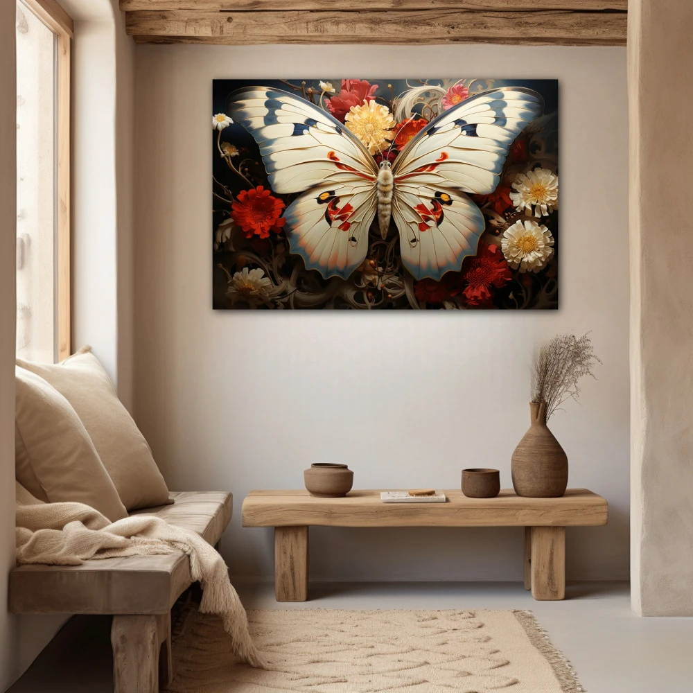 Wall Art titled: Albino Metamorphosis in a Horizontal format with: white, and Red Colors; Decoration the Beige Wall wall