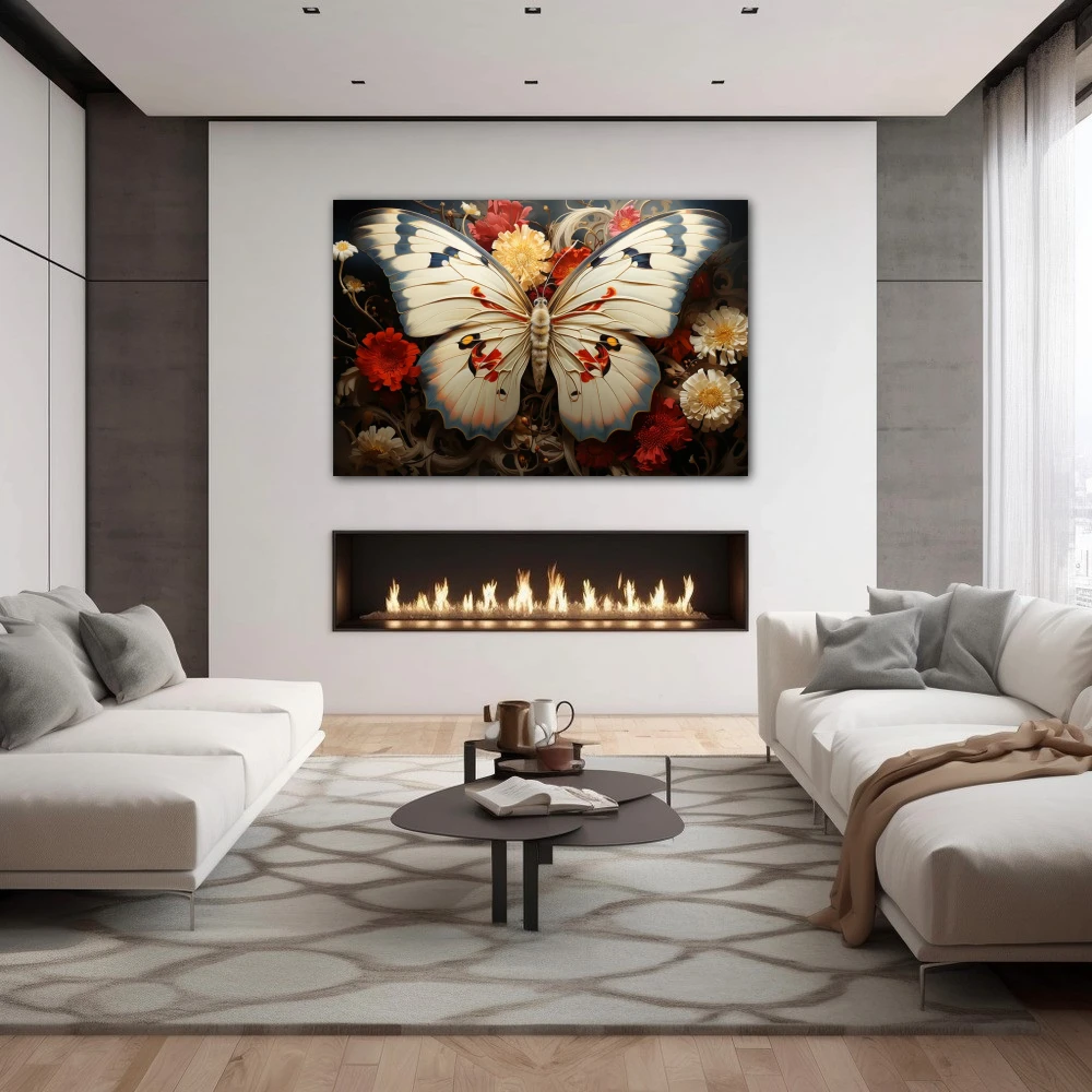 Wall Art titled: Albino Metamorphosis in a Horizontal format with: white, and Red Colors; Decoration the Fireplace wall