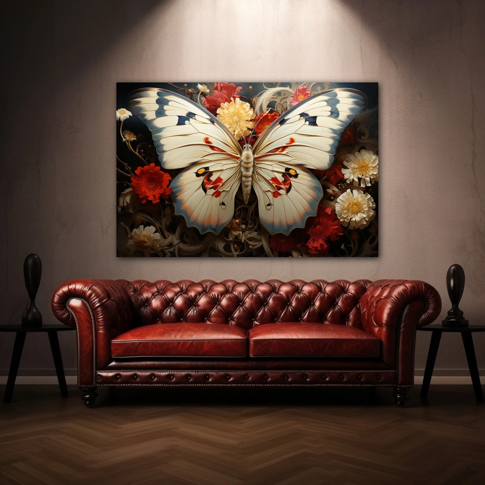 Wall Art titled: Albino Metamorphosis in a Horizontal format with: white, and Red Colors; Decoration the Above Couch wall