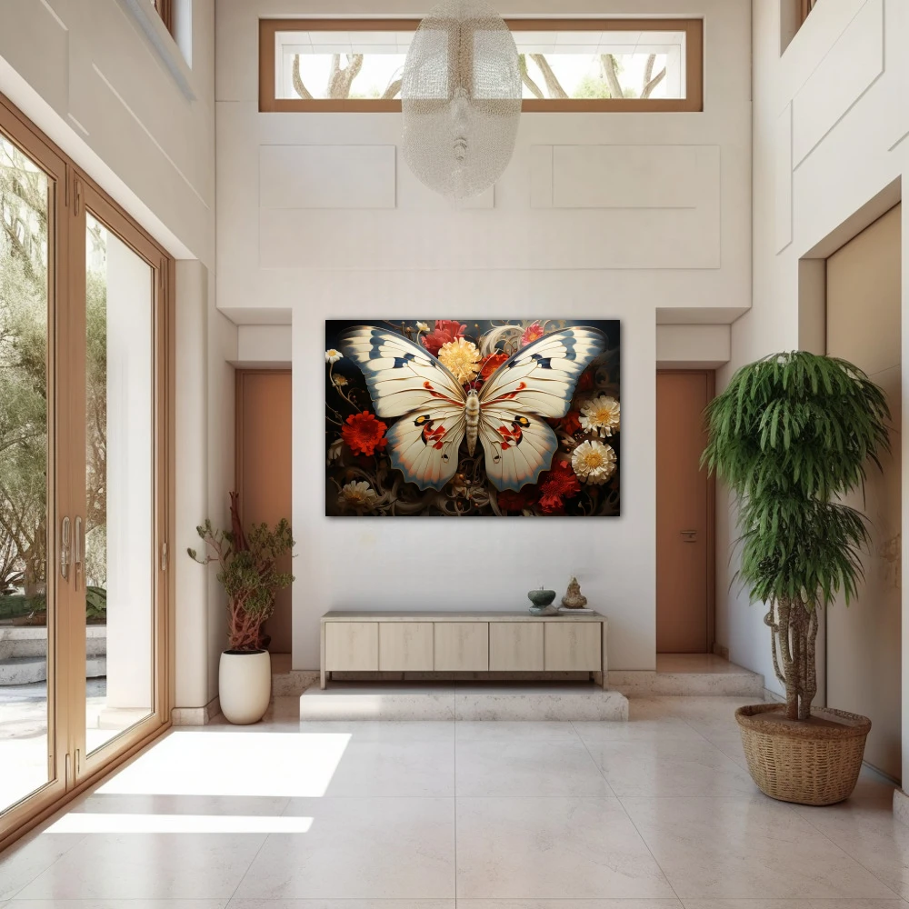 Wall Art titled: Albino Metamorphosis in a Horizontal format with: white, and Red Colors; Decoration the Entryway wall