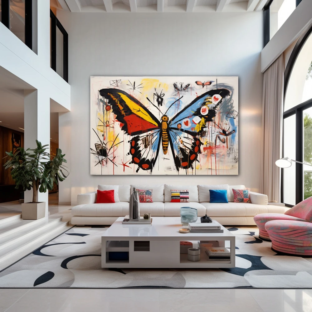 Wall Art titled: Flutter of Broken Dreams in a Horizontal format with: Blue, white, and Red Colors; Decoration the Living Room wall