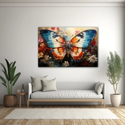 Wall Art titled: Polychromatic Fantasy in a  format with: Blue, Orange, and Beige Colors; Decoration the White Wall wall