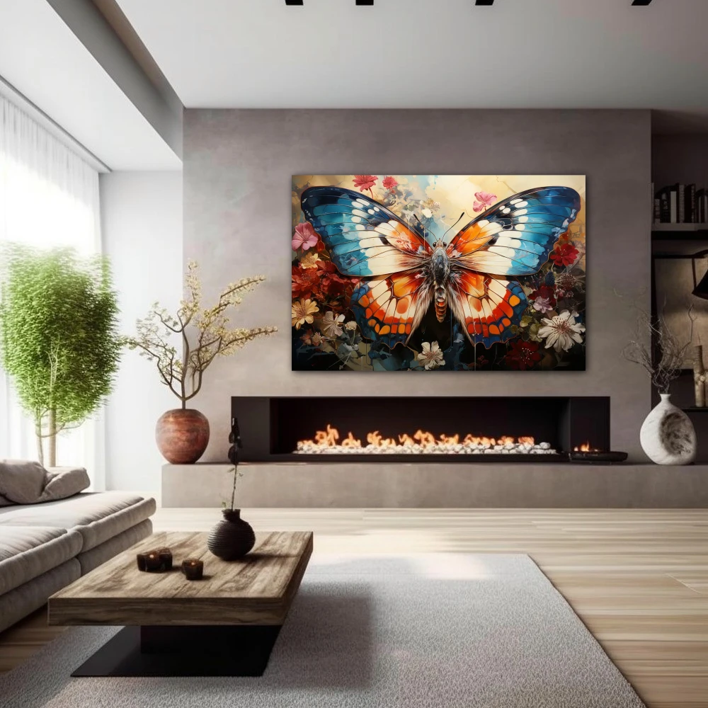 Wall Art titled: Polychromatic Fantasy in a Horizontal format with: Blue, Orange, and Beige Colors; Decoration the Fireplace wall