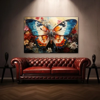 Wall Art titled: Polychromatic Fantasy in a  format with: Blue, Orange, and Beige Colors; Decoration the Above Couch wall