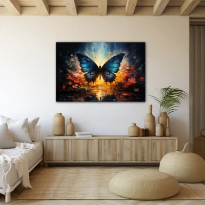 Wall Art titled: Twilight of Icarus in a  format with: Blue, Pink, and Navy Blue Colors; Decoration the Beige Wall wall