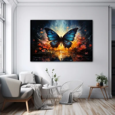 Wall Art titled: Twilight of Icarus in a  format with: Blue, Pink, and Navy Blue Colors; Decoration the White Wall wall