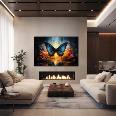 Wall Art titled: Twilight of Icarus in a Horizontal format with: Blue, Pink, and Navy Blue Colors; Decoration the Fireplace wall