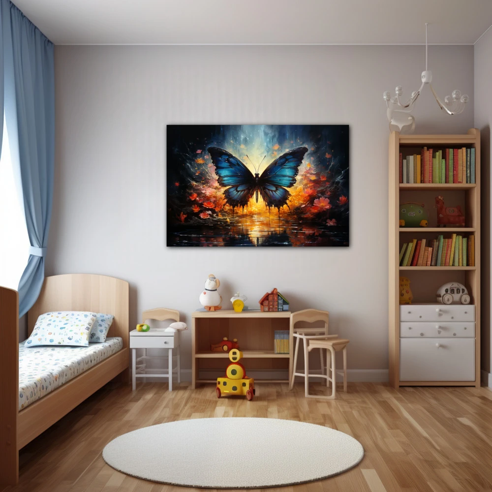 Wall Art titled: Twilight of Icarus in a Horizontal format with: Blue, Pink, and Navy Blue Colors; Decoration the Nursery wall