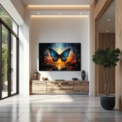 Wall Art titled: Twilight of Icarus in a  format with: Blue, Pink, and Navy Blue Colors; Decoration the Entryway wall