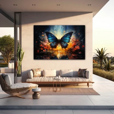Wall Art titled: Twilight of Icarus in a  format with: Blue, Pink, and Navy Blue Colors; Decoration the Outdoor wall