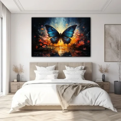 Wall Art titled: Twilight of Icarus in a  format with: Blue, Pink, and Navy Blue Colors; Decoration the Bedroom wall