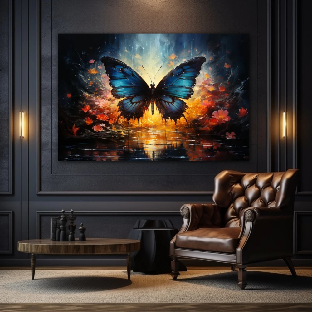 Wall Art titled: Twilight of Icarus in a Horizontal format with: Blue, Pink, and Navy Blue Colors; Decoration the Living Room wall