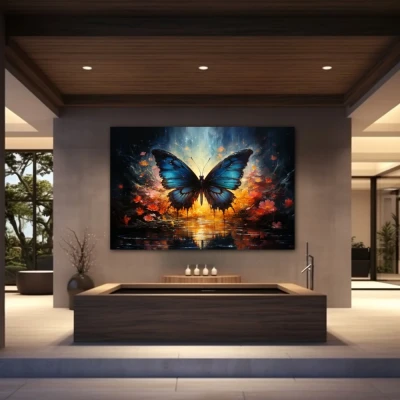 Wall Art titled: Twilight of Icarus in a Horizontal format with: Blue, Pink, and Navy Blue Colors; Decoration the Wellbeing wall