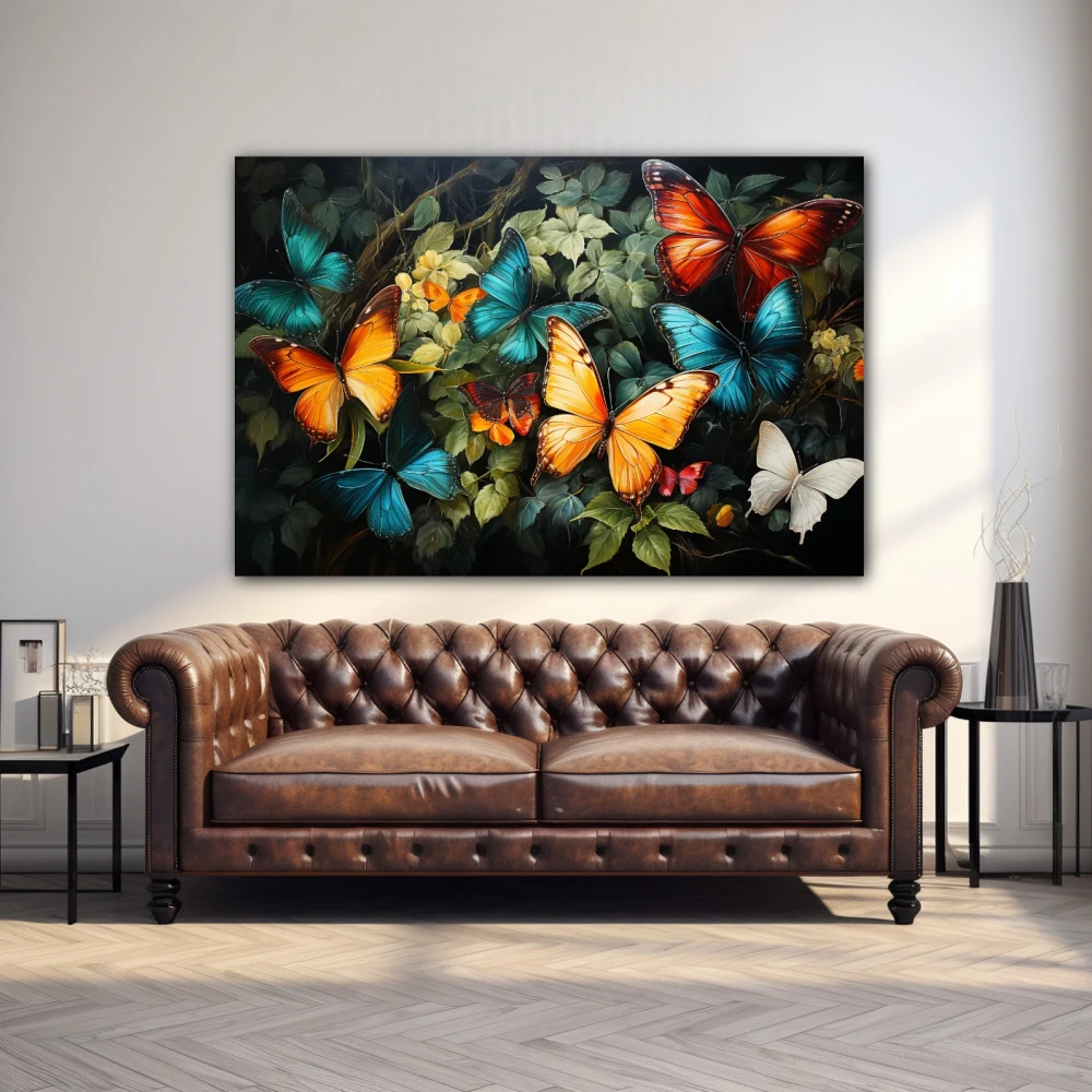 Cuadro alas de fantasía terrenal en formato horizontal con colores celeste, naranja, vivos; decorando pared de encima del sofá