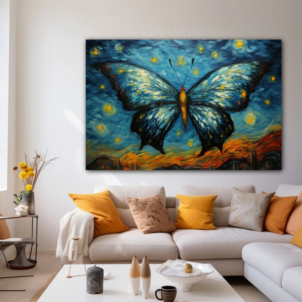 Cuadro crepúsculo de alas danzantes en formato horizontal con colores amarillo, azul; decorando pared blanca