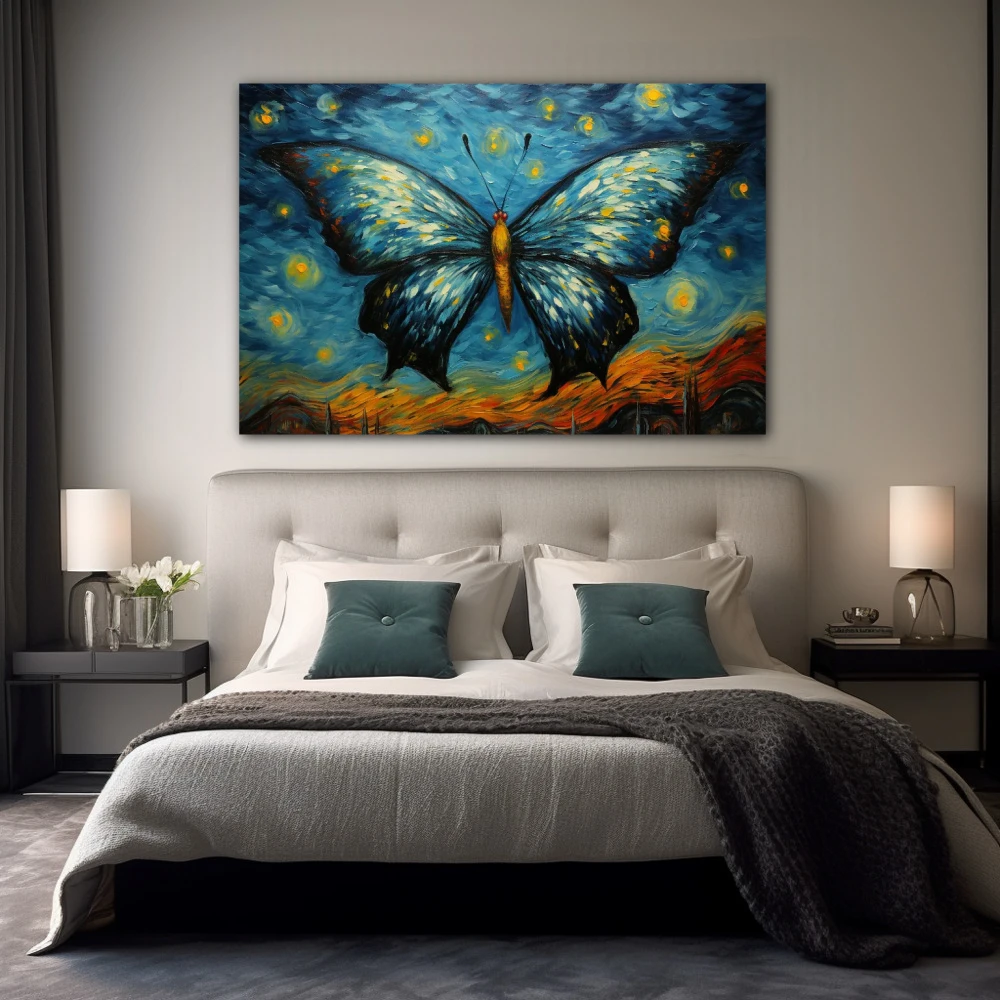 Cuadro crepúsculo de alas danzantes en formato horizontal con colores amarillo, azul; decorando pared de habitación dormitorio