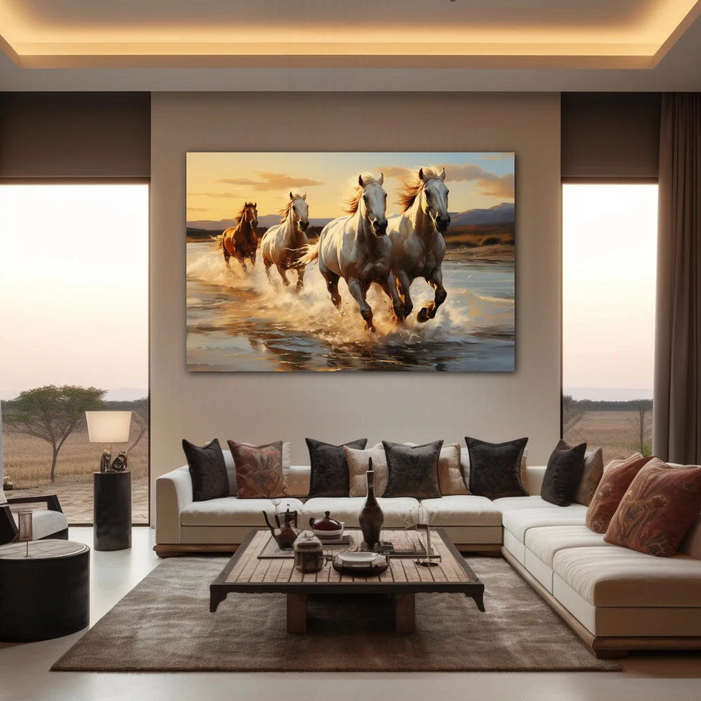 Wall Art titled: Twilight Gallop in a Horizontal format with: white, Brown, and Beige Colors; Decoration the Living Room wall