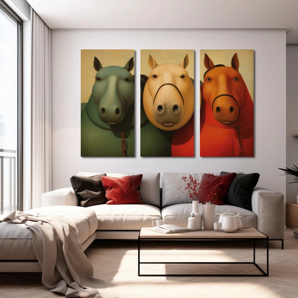 Wall Art titled: Equine Confessions in a Horizontal format with: Red, Green, and Beige Colors; Decoration the White Wall wall