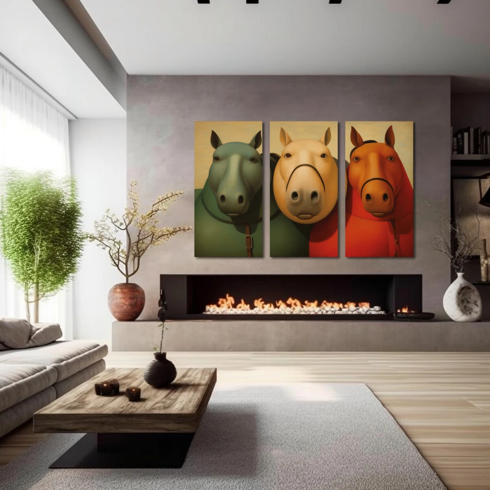 Wall Art titled: Equine Confessions in a Horizontal format with: Red, Green, and Beige Colors; Decoration the Fireplace wall