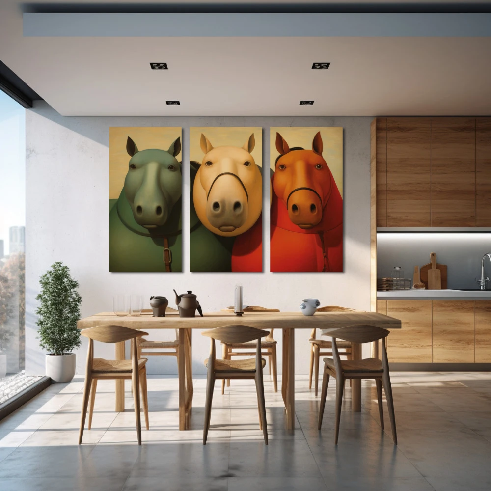 Wall Art titled: Equine Confessions in a Horizontal format with: Red, Green, and Beige Colors; Decoration the Kitchen wall