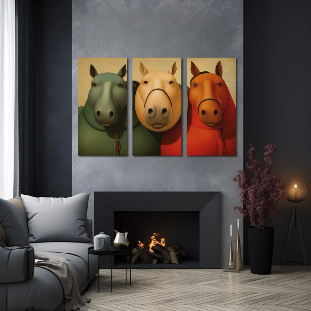 Wall Art titled: Equine Confessions in a Horizontal format with: Red, Green, and Beige Colors; Decoration the Grey Walls wall