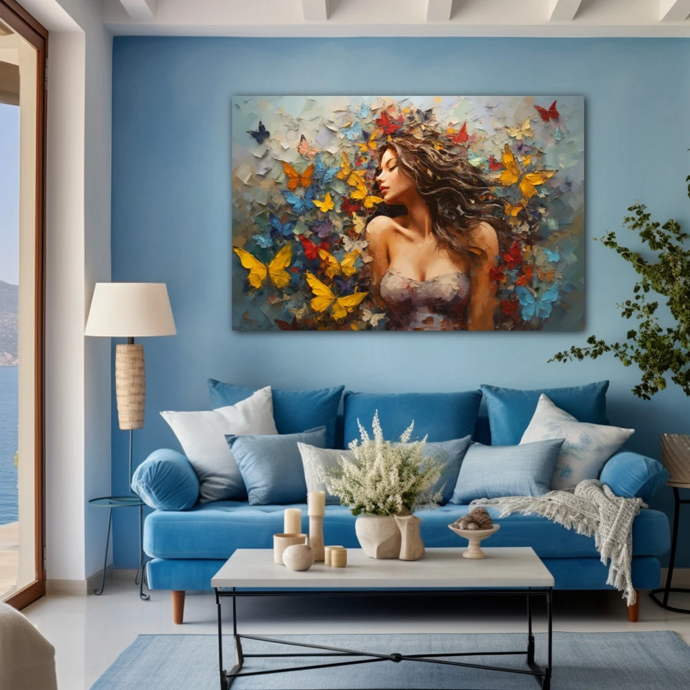 Cuadro love is in the air en formato horizontal con colores azul, mostaza, rojo; decorando pared azul