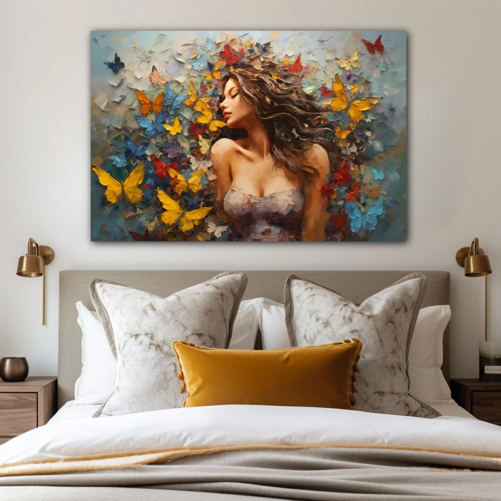 Wall Art titled: Love is in the air in a Horizontal format with: Blue, Mustard, and Red Colors; Decoration the Bedroom wall
