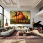 Wall Art titled: Equine Fantasies in a Horizontal format with: Orange, Green, and Beige Colors; Decoration the Living Room wall