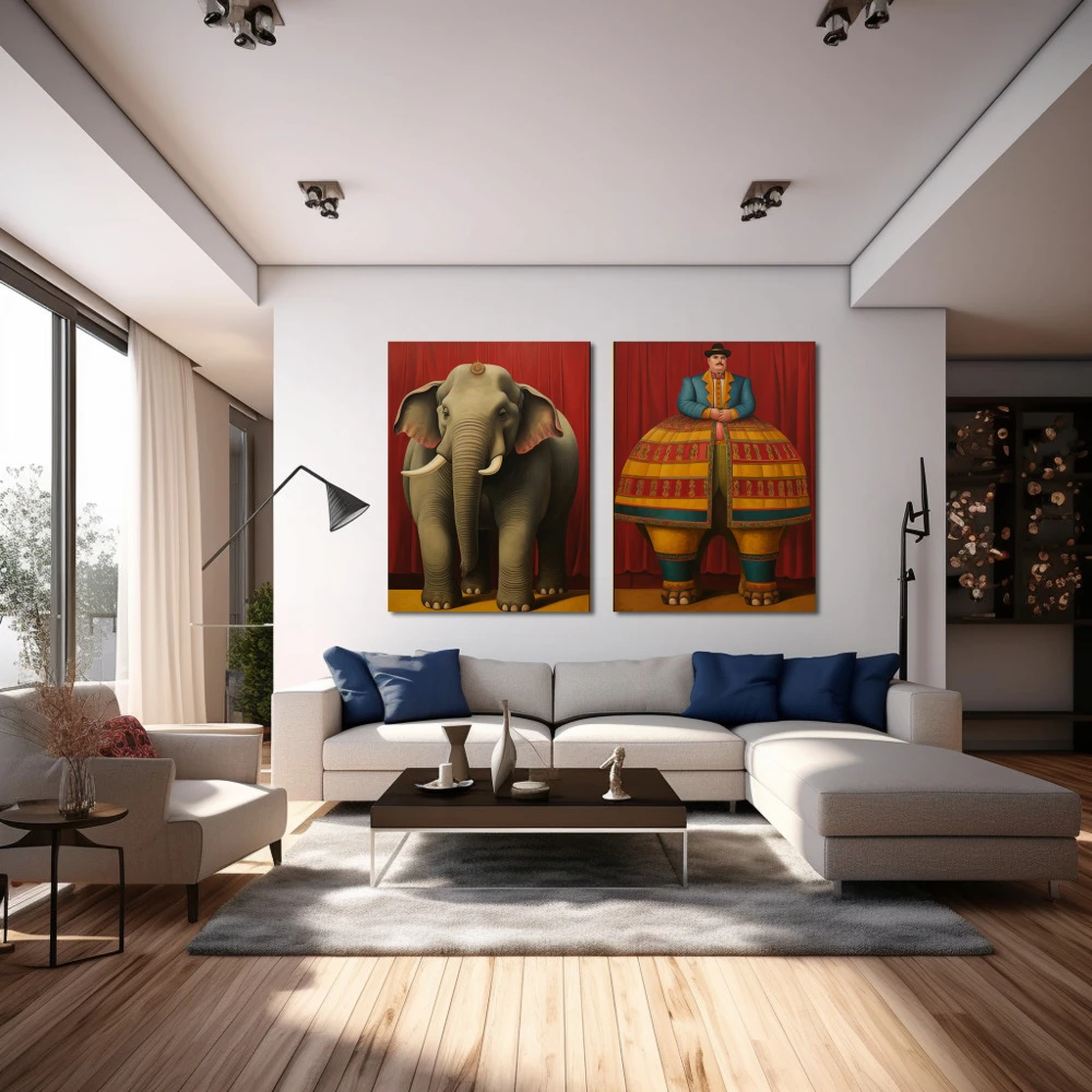 Cuadro majestades paralelas en formato díptico con colores gris, mostaza, rojo; decorando pared de encima del sofá