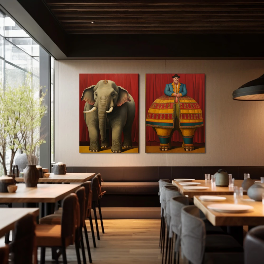 Cuadro majestades paralelas en formato díptico con colores gris, mostaza, rojo; decorando pared de restaurante
