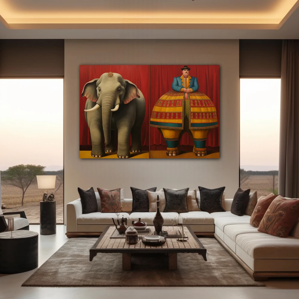 Cuadro majestades paralelas en formato horizontal con colores gris, mostaza, rojo; decorando pared de salón comedor
