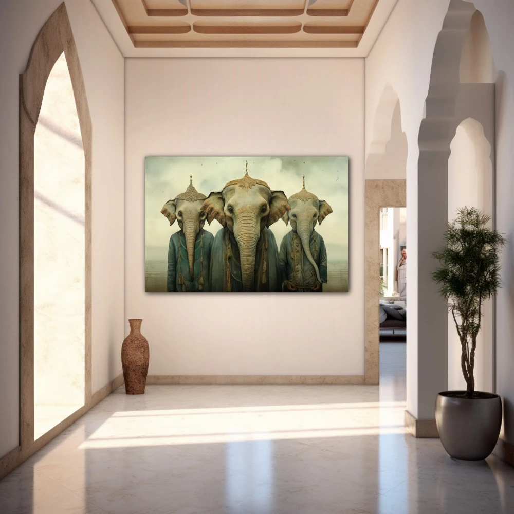 Cuadro trio majestuoso en formato horizontal con colores gris, monocromático; decorando pared de entrada y recibidor