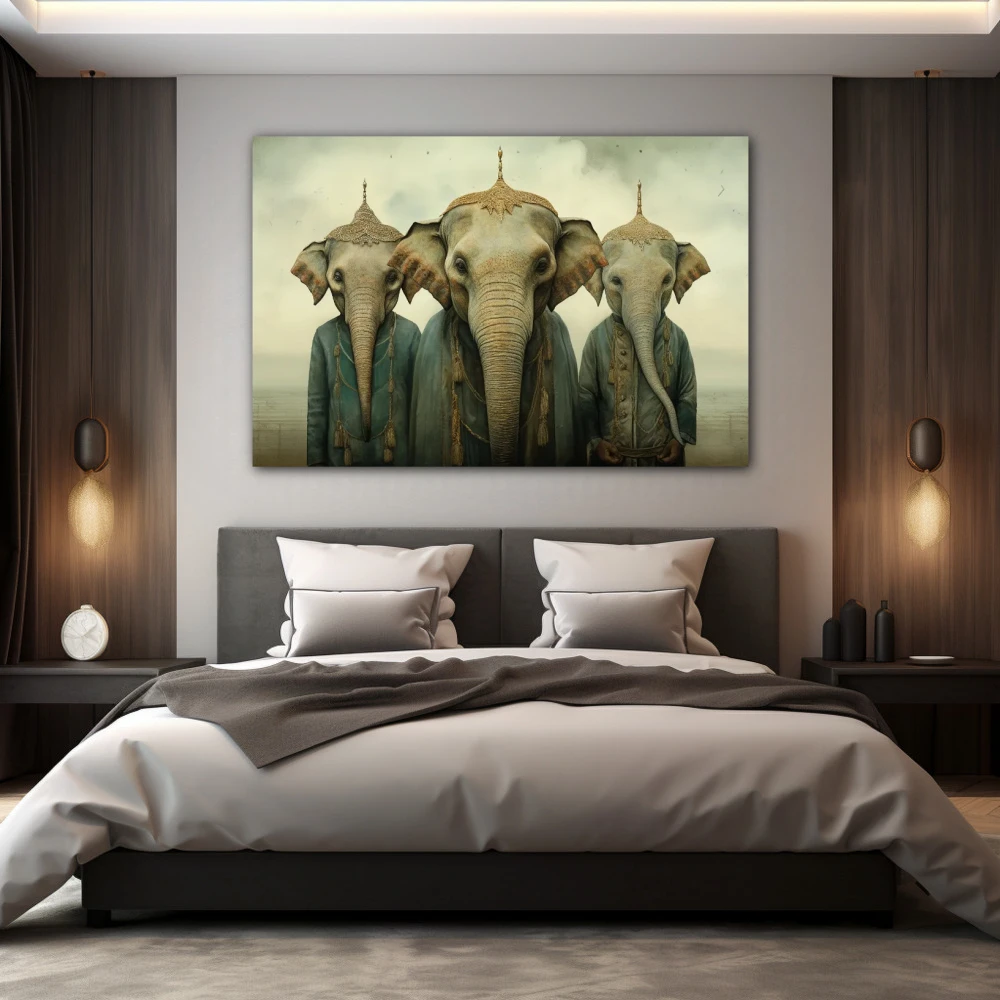 Cuadro trio majestuoso en formato horizontal con colores gris, monocromático; decorando pared de habitación dormitorio