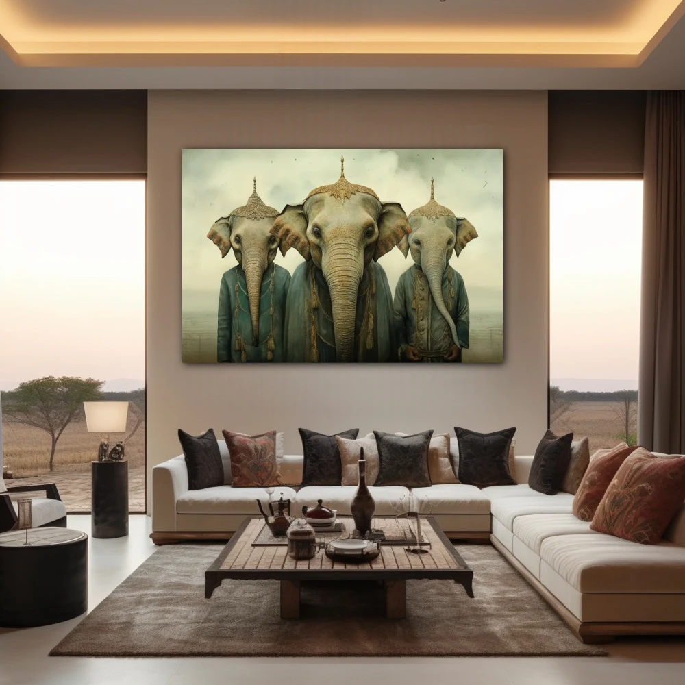 Cuadro trio majestuoso en formato horizontal con colores gris, monocromático; decorando pared de salón comedor
