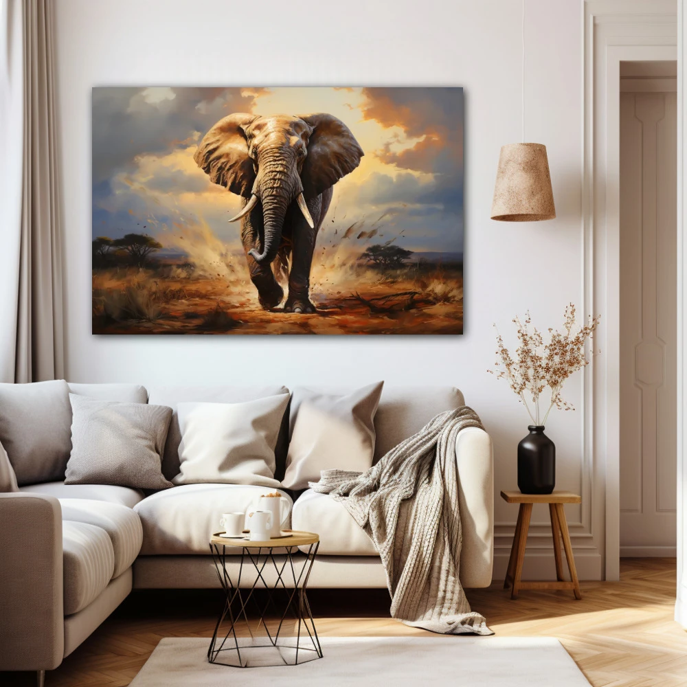 Wall Art titled: Majestic March in a Horizontal format with: Grey, and Brown Colors; Decoration the Beige Wall wall